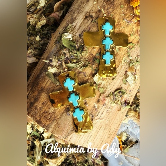 Alquimia Jewelry - Turquoise chunky cross extra long silver western style dangle earrings